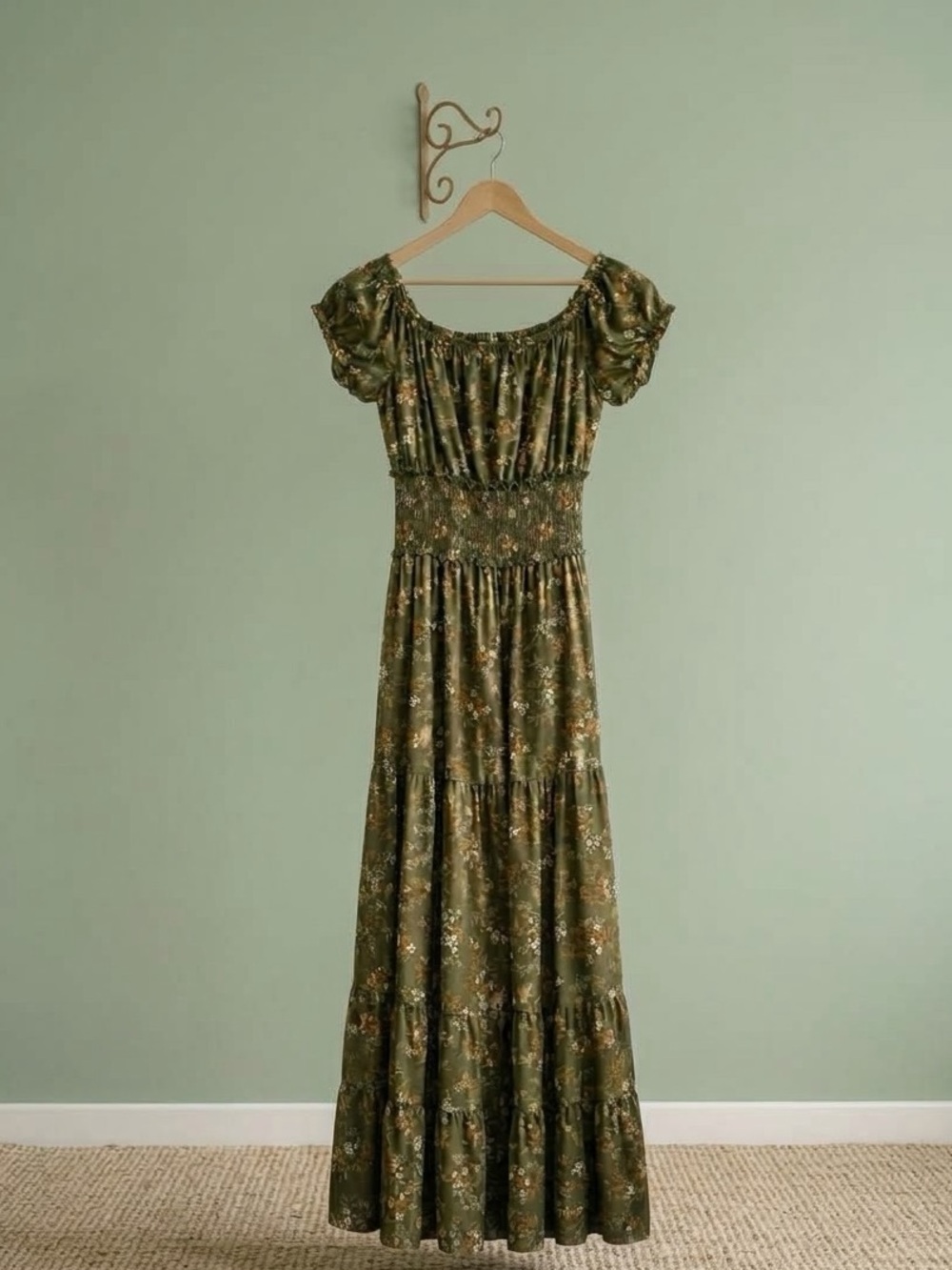 Francesca's Olive Green Floral Cottagecore Smocked Midi Dress Size Medium